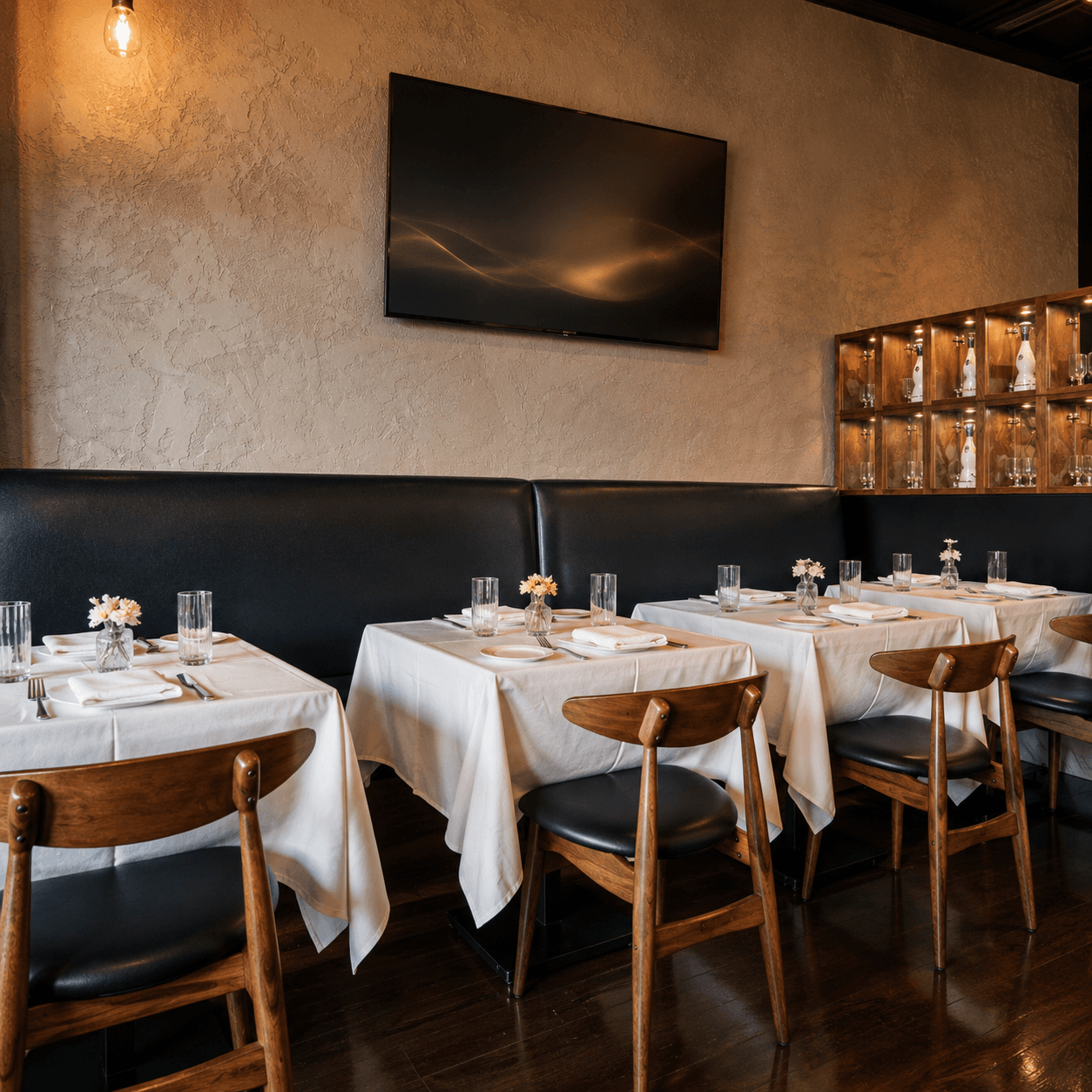 Chef Roma Henderson banquette seating set for a private dinner