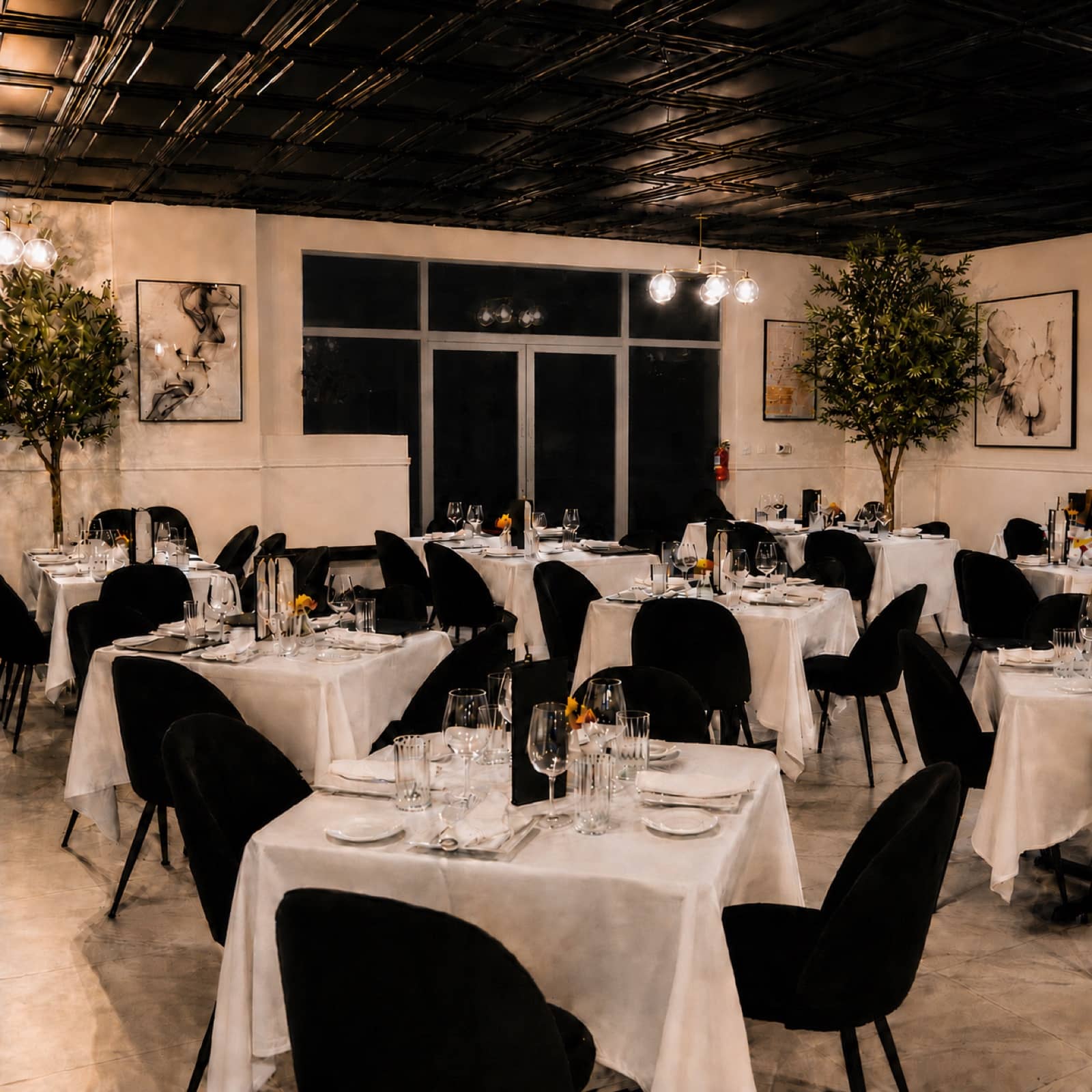 Chef's Roma Kitchen dining room arranged for group dining