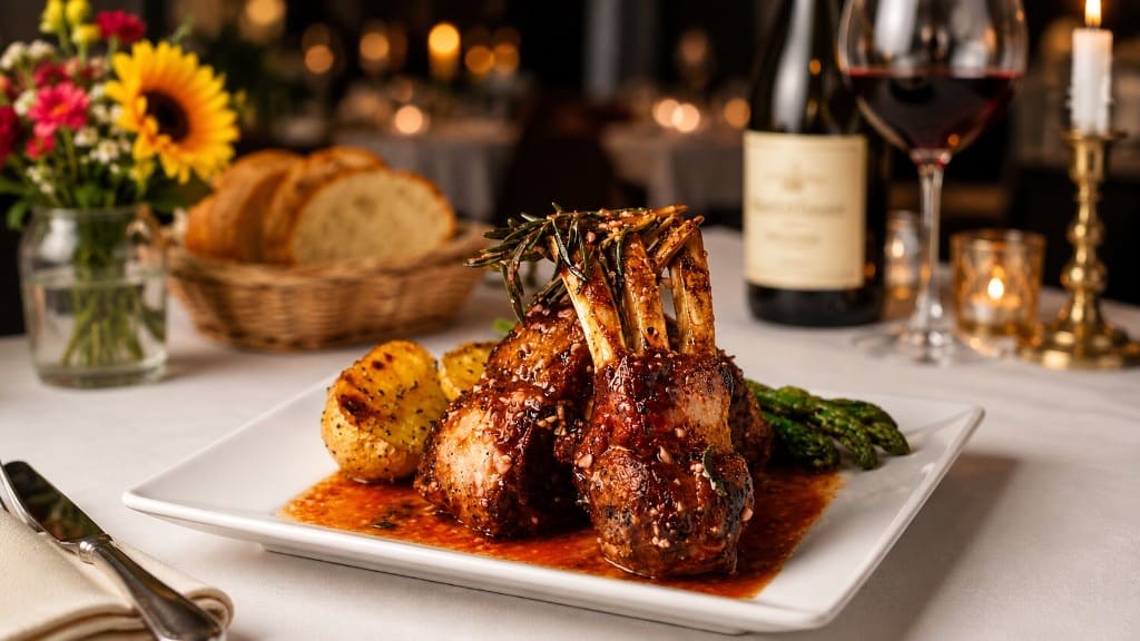 Plated Roma Kitchen lamb chops with roasted potatoes and asparagus